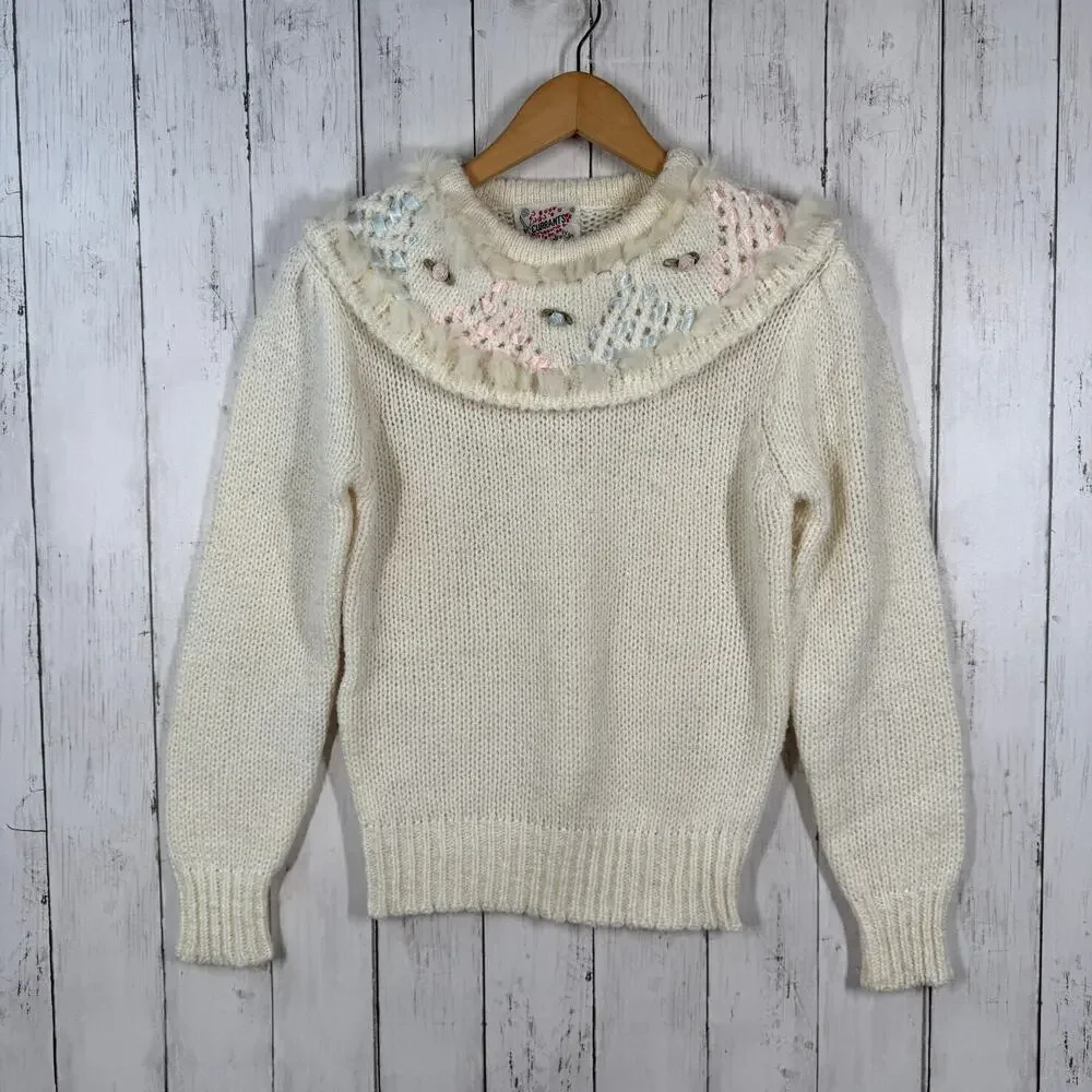 VTG Currants Cream Decorative Ribbon Collar Chunky Knit Sweater Korea Size Small